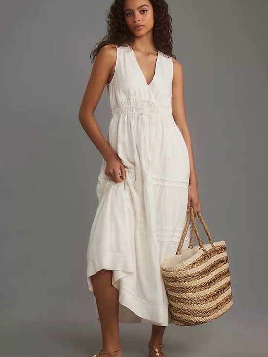 Anthropologie Dresses & Skirts - Women's Cream Tiered Maxi Dress with V-Neck